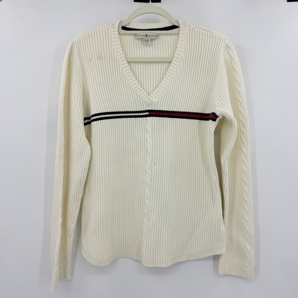 Tommy Hilfiger Womens XL Cream Ribbed Cable Knit V-Neck Stripe Sweater Cotton‎